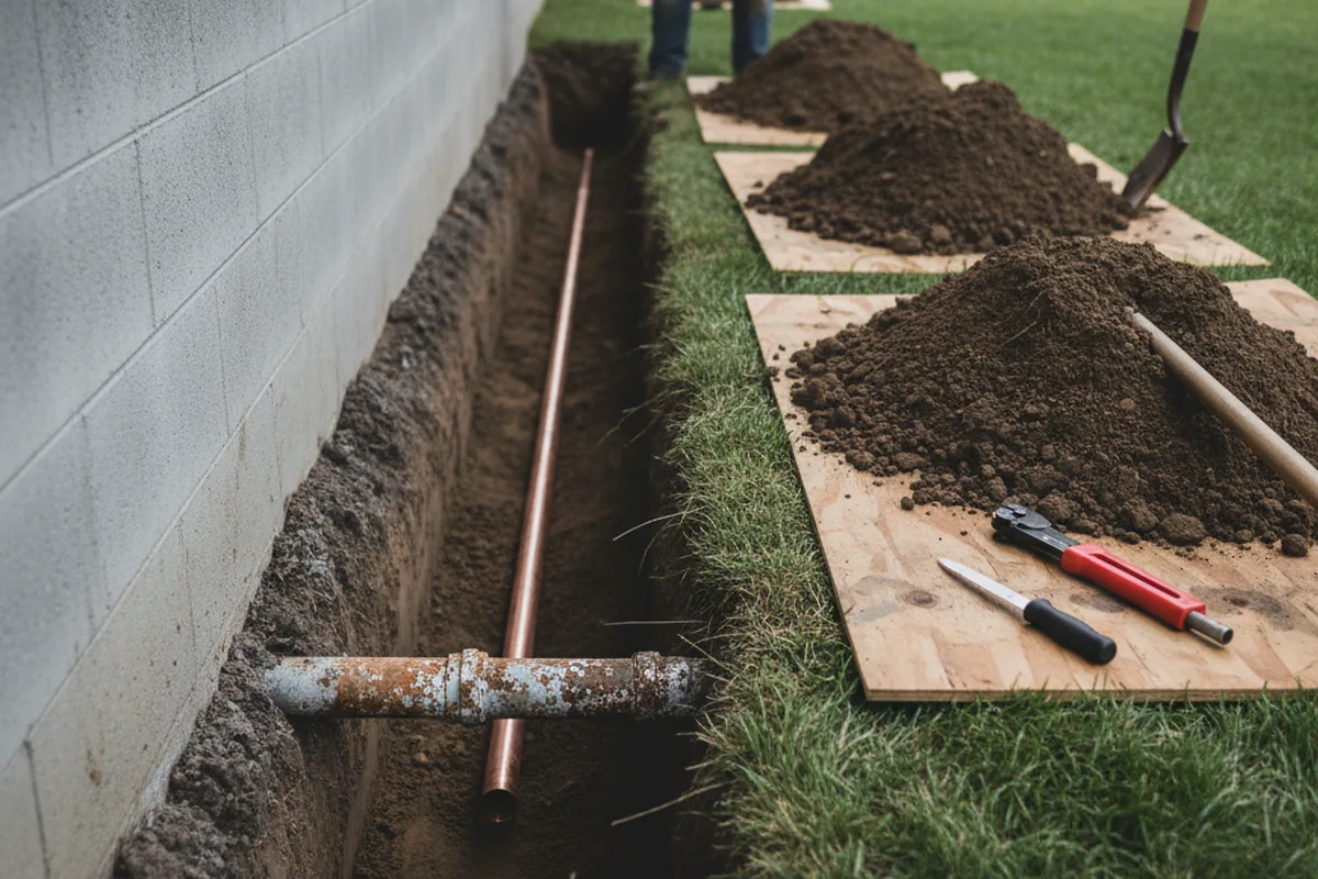 Excavated water line trench during Sewer Line Repair in Belton